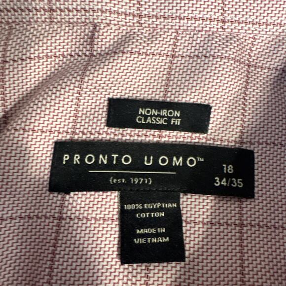 Pronto Uomo Pink Men's Classic Fit Non-Iron Long Sleeve Dress Shirt Sz 18-34/35 - Picture 2 of 4